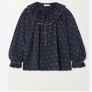 Doen Navy Peasant Blouse with Gold and Cream Embroidery